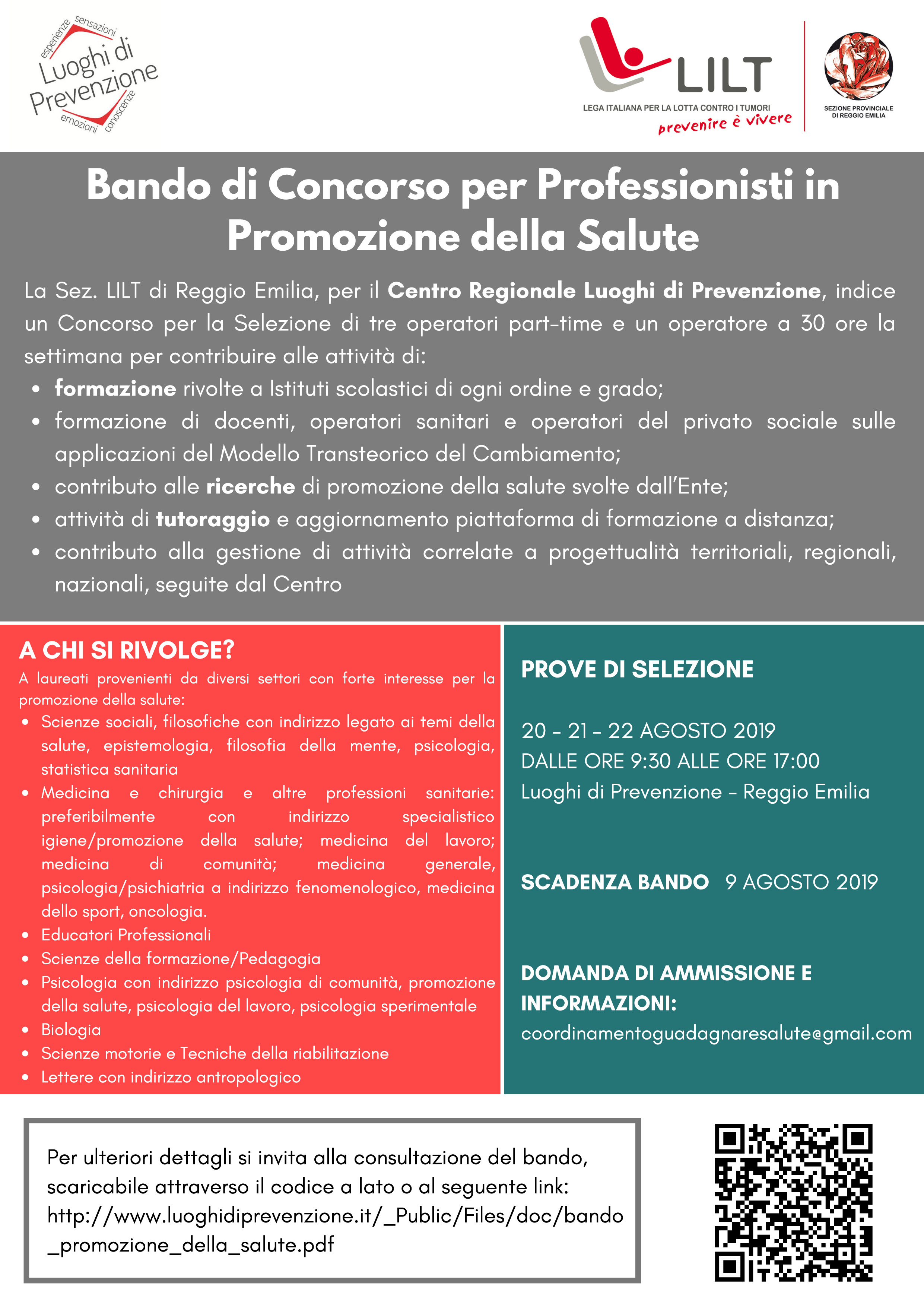 Bando di Concorso per professionisti in Promozione della Salute